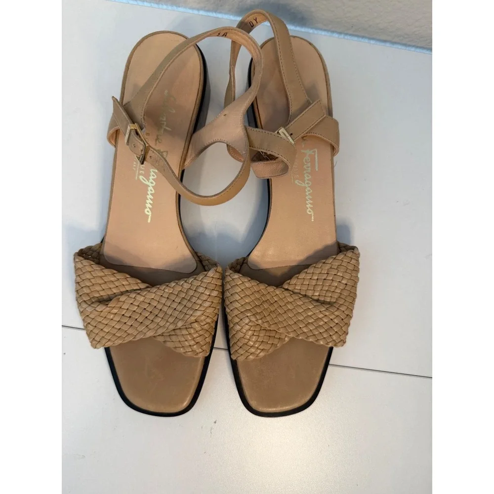 Salvatore Ferragamo Woven Leather Block Heel Sandals Tan Beige Size 8 B Italy